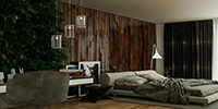 interior space of a modern bedroom with parquet flooring, decorative wooden wall, and a green wall