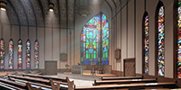 interior space of a postmodern church with long vertical stained glass and wooden furniture 