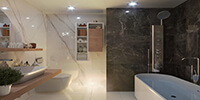 modern bathroom of the house with stone walls and flooring 
