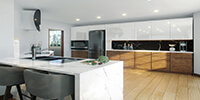 high quality renders of the interior space of the modern kitchen with white color and wooden cabinets