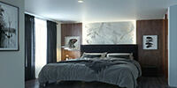 interior space of a modern bedroom with wooden walls and white curtains