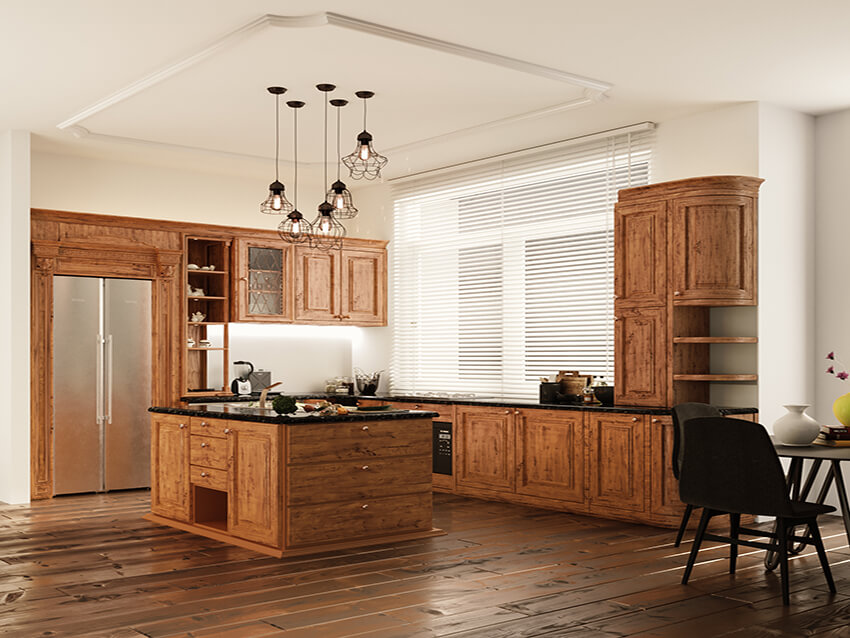 classic kitchen interior space with natural wood cabinets and parquet flooring