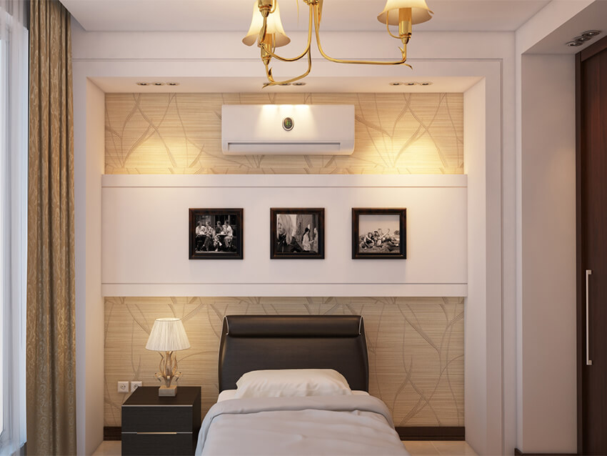 hidden lighting and painting above the small modern bed