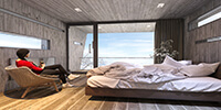 modern bedroom of a mountain hotel with white color bed and concrete walls