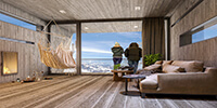mountain hotel living room with wood flooring and floor to ceiling windows
