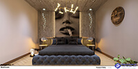 dark color bed with two side table lamps in the interior space of a modern bedroom