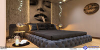 interior space of a modern bedroom with dark color bed and a large painting of the wall