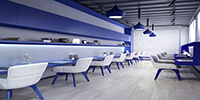 The interior space of a small modern office designed with blue color and wood flooring