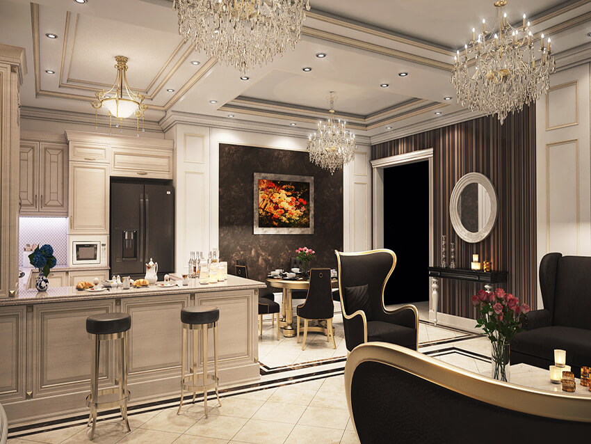 living room and kitchen cabinet of a luxury apartment with bright stone flooring and dark wallpaper