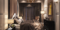 interior space of a dark color luxury bedroom with a brown bed and curtain
