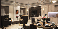 living and dining room of a luxury apartment with a round dining table and bright stone flooring