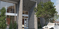 the modern concrete rectangular shaped entrance of the office