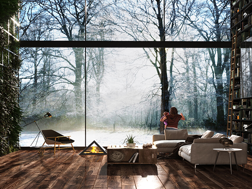modern villa living room with dark wood flooring and large window
