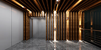 elevator area of a modern office with wooden wall louvers and linear lighting