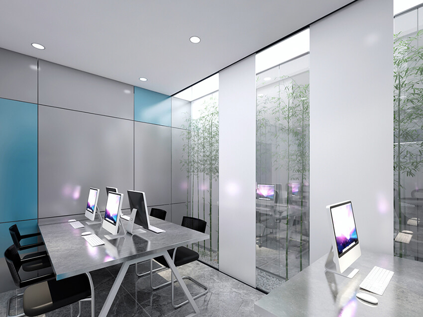 interior space of a modern working area with plants and large glass walls