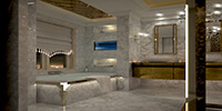 luxury bathroom interior design with bright stone flooring and walls