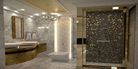 luxury bathroom interior space with crystal chandelier and golden sink cabinets