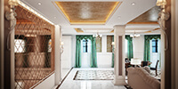 the entrance lobby of a luxury classic villa with golden color reflective wall