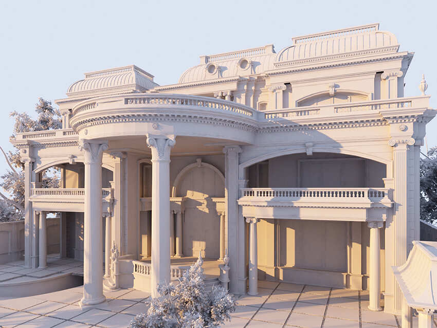 the clay render of the luxury classic villa exterior design