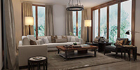 modern living room with large windows and dark wood flooring