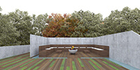 roof garden with a wooden seating area and small central fireplace