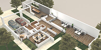 3d-plan of a modern office with parking, working areas, waiting areas, and conference room