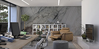 interior space of a working area with stone walls and parquet flooring in a modern office