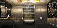 black color bathroom interior space with golden ceiling and crystal chandelier 