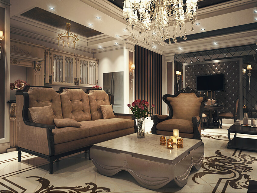 a dark color luxury living room interior space with brown fabric furniture and cream color stone flooring