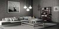 a grey modern living room interior space with concrete flooring and a grey carpet