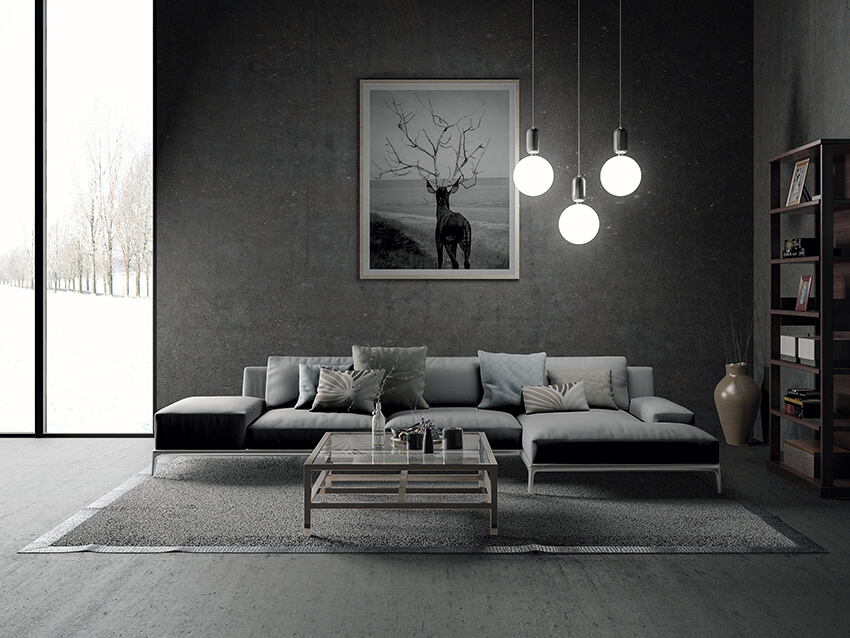 the interior design of modern living room with grey colors with a large window and monochrome photograph on the wall