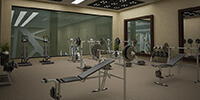 modern gym with carpet flooring and ambient ceiling lighting