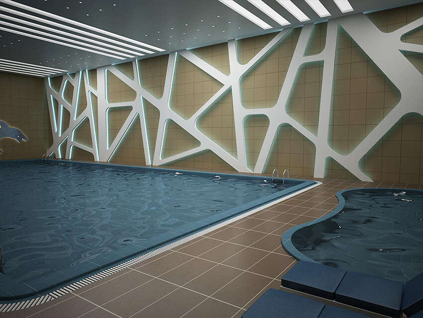 a modern swimming pool with organic wall decorations
