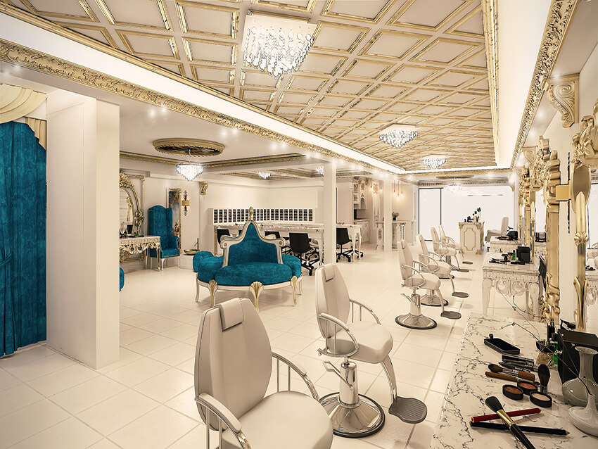 Interior space of a classic bridal salon makeup area with white color furniture and golden decorative ceiling
