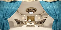 classic management room of a bridal salon with blue curtains and luxury furniture