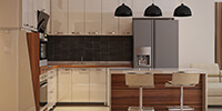 wooden and white high-gloss kitchen with built-in kitchen accessories