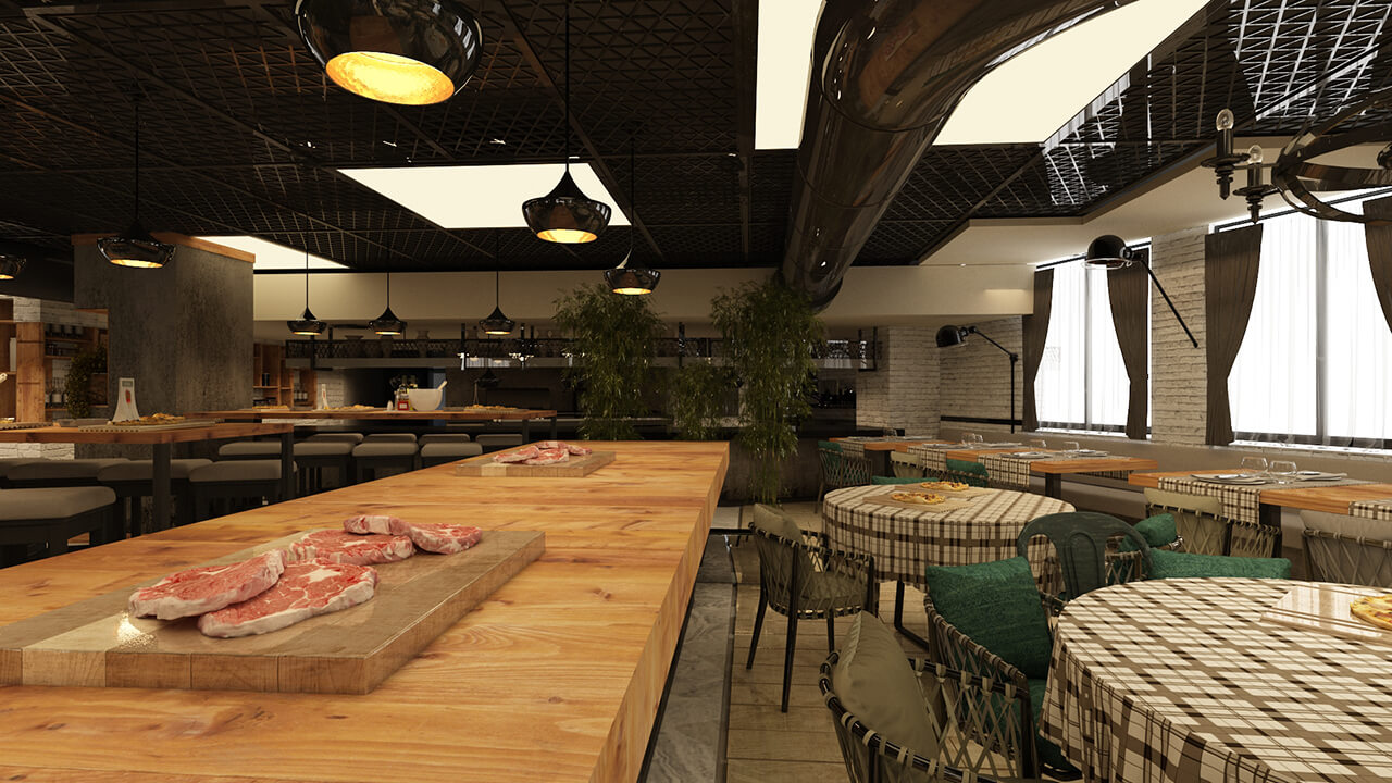 The Interior Design Of A Modern Restaurant With Exposed Ceiling