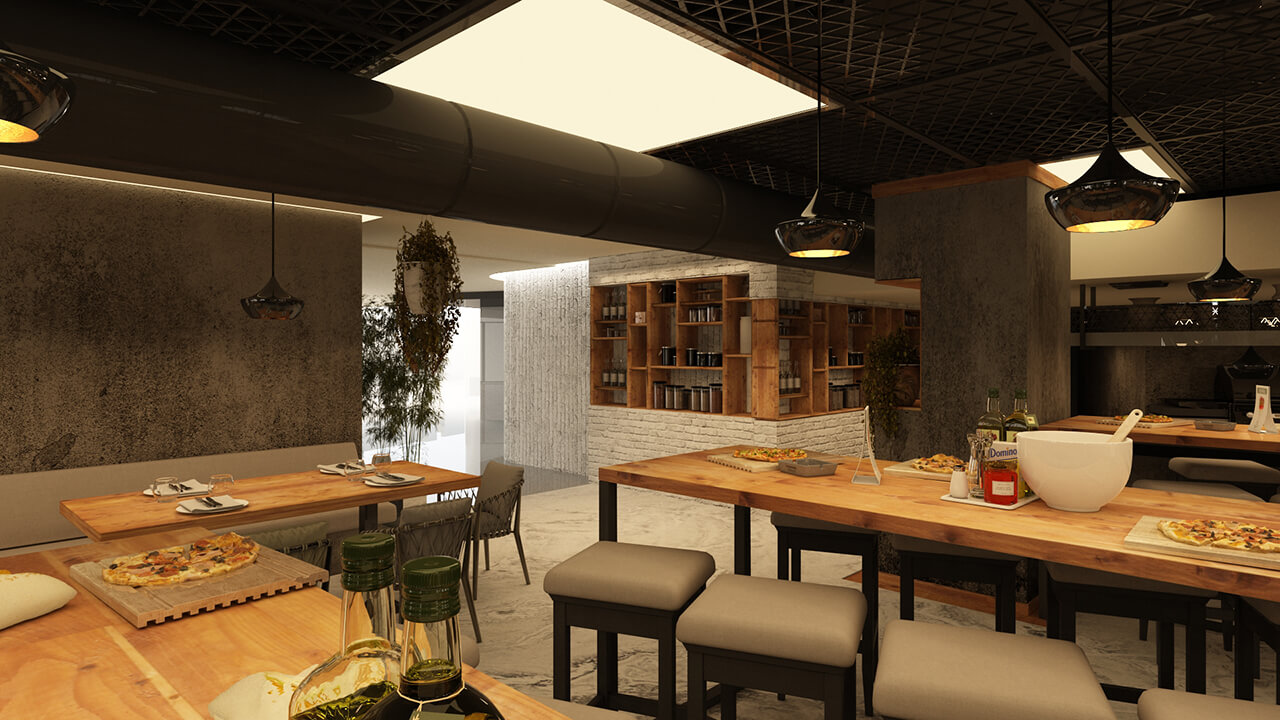 The Interior Design Of A Modern Restaurant With Exposed Ceiling