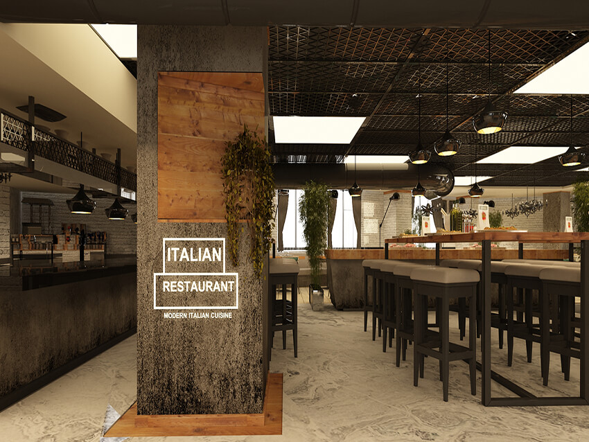 interior space of a modern restaurant with exposed concrete column and the restaurant logo on it 