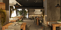 a restaurant in modern style with wooden dining tables