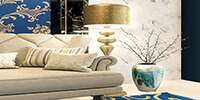 a close-up view of the classic cream color furniture and a golden floor lamp
