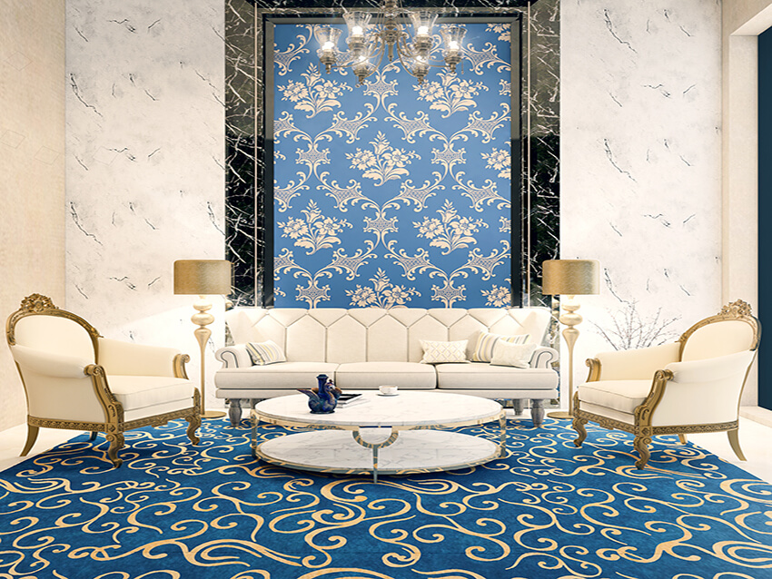 interior view of a luxury living room with blue carpet and wallpaper and cream classic furniture
