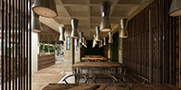 private tables of the restaurant with dark color wooden louvers