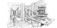 black and white sketch of restaurant interior space
