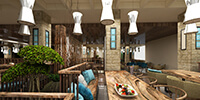 natural wood dining table in the interior space of the restaurant
