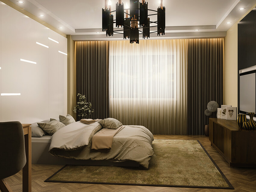 interior space of a warm modern bedroom with carpet and parquet flooring