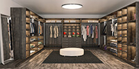 wooden shelves of a modern walk-in closet with round lighting and furniture