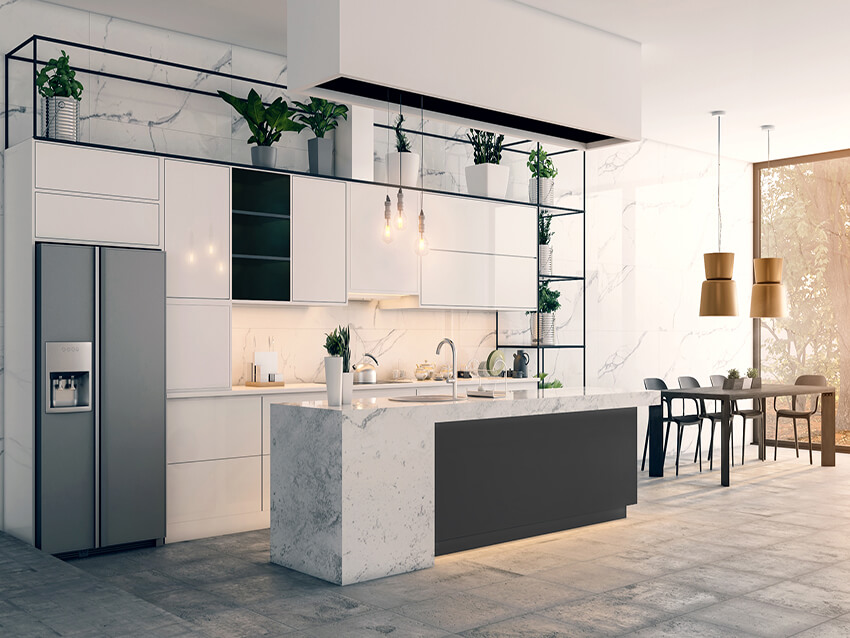modern kitchen interior space with a natural stone counter and built-in accessories