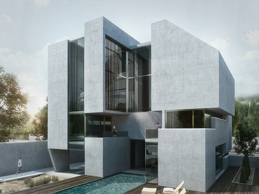 modern concrete house exterior design with large openings and swimming pool
