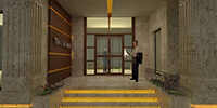 the entrance of a modern office with cream color stone flooring and glass door